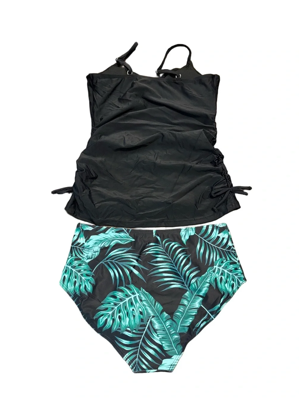 Black Tankini Top with Green Palm-Print Bikini Bottoms Swim NWOT Size 15/16